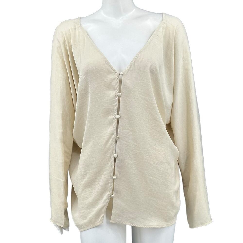 LPA Top Womens XL Ivory Button Up Satiny V-Neck Boxy Neutral Feminine Minimalist